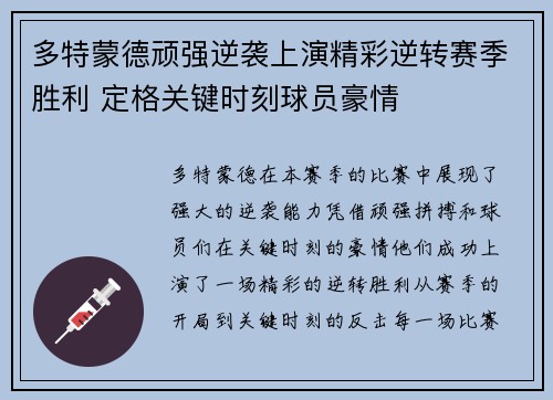 多特蒙德顽强逆袭上演精彩逆转赛季胜利 定格关键时刻球员豪情