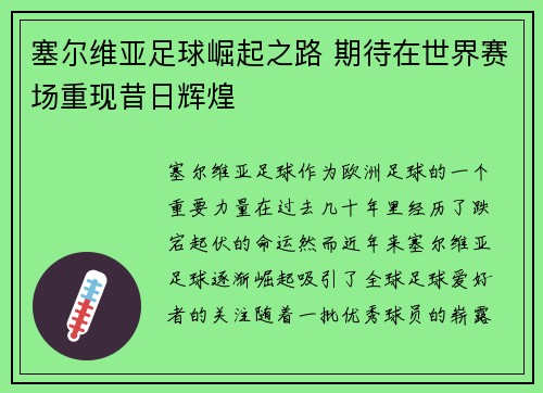 塞尔维亚足球崛起之路 期待在世界赛场重现昔日辉煌